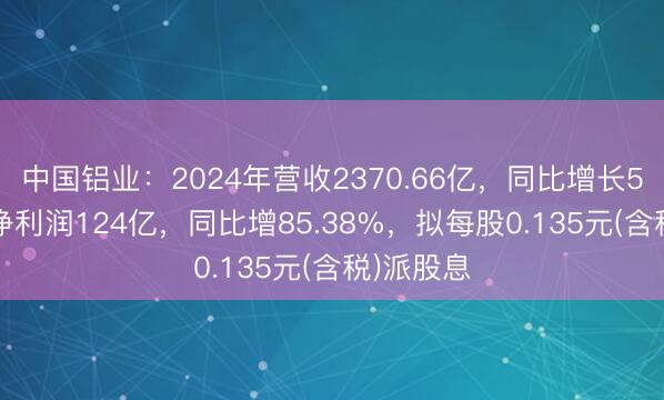 中国铝业：2024年营收2370.66亿，同比增长5.21%；净利润124亿，同比增85.38%，拟每股0.135元(含税)派股息