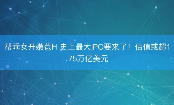 帮乖女开嫩苞H 史上最大IPO要来了！估值或超1.75万亿美元