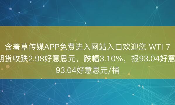 含羞草传媒APP免费进入网站入口欢迎您 WTI 7月原油期货收跌2.98好意思元，跌幅3.10%，报93.04好意思元/桶