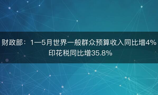 财政部：1—5月世界一般群众预算收入同比增4% 印花税同比增35.8%
